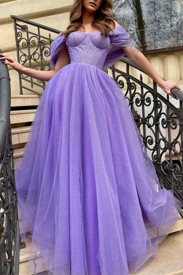 Anneprom Chic A line Sparkly Off the shoulder Purple Prom Dress Tulle Evening Dress With Split Front APP0583