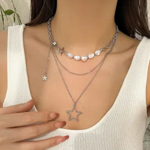 Chic Layered Starry Pendant Pearl Chain Necklace Set