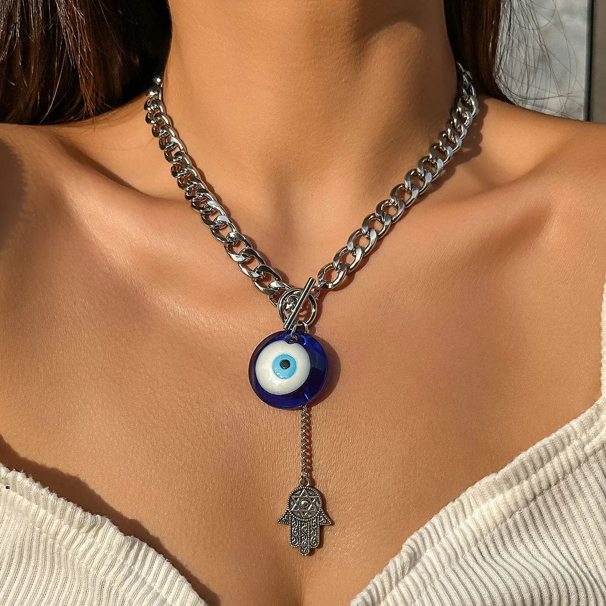 Chic Toggle Clasp Evil Eye Hamsa Curb Chain Necklace