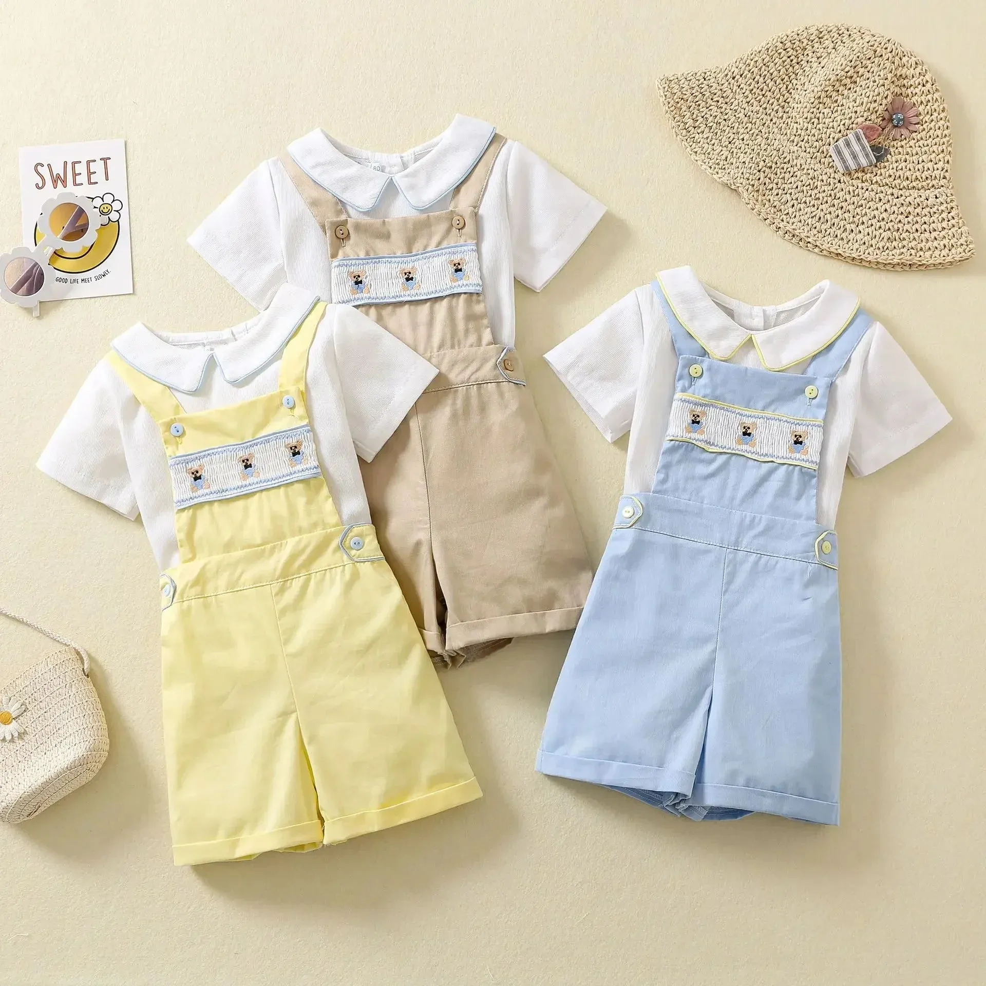 Cotton Collar T-shirt and Dungaree Shorts Set