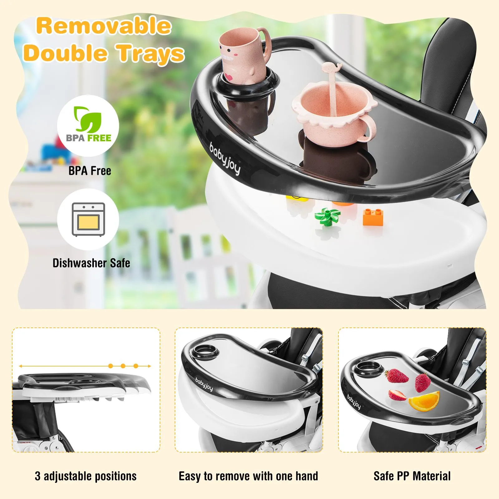 Folding & Height Adjustable Baby High Chair | Lockable Wheels | Removable Trays | Cushion