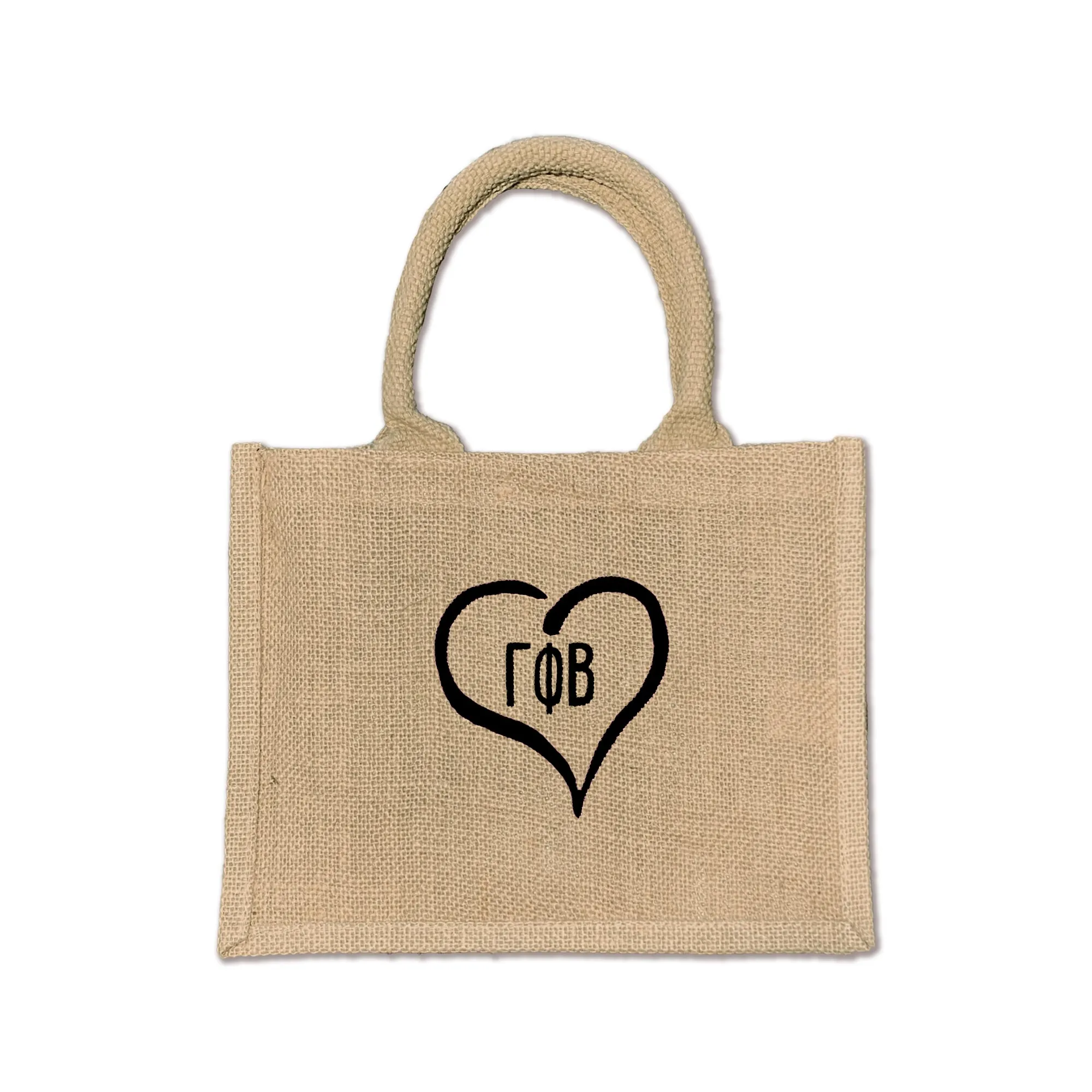 Gamma Phi Beta Heart and Sorority Letters Burlap Tote Bag