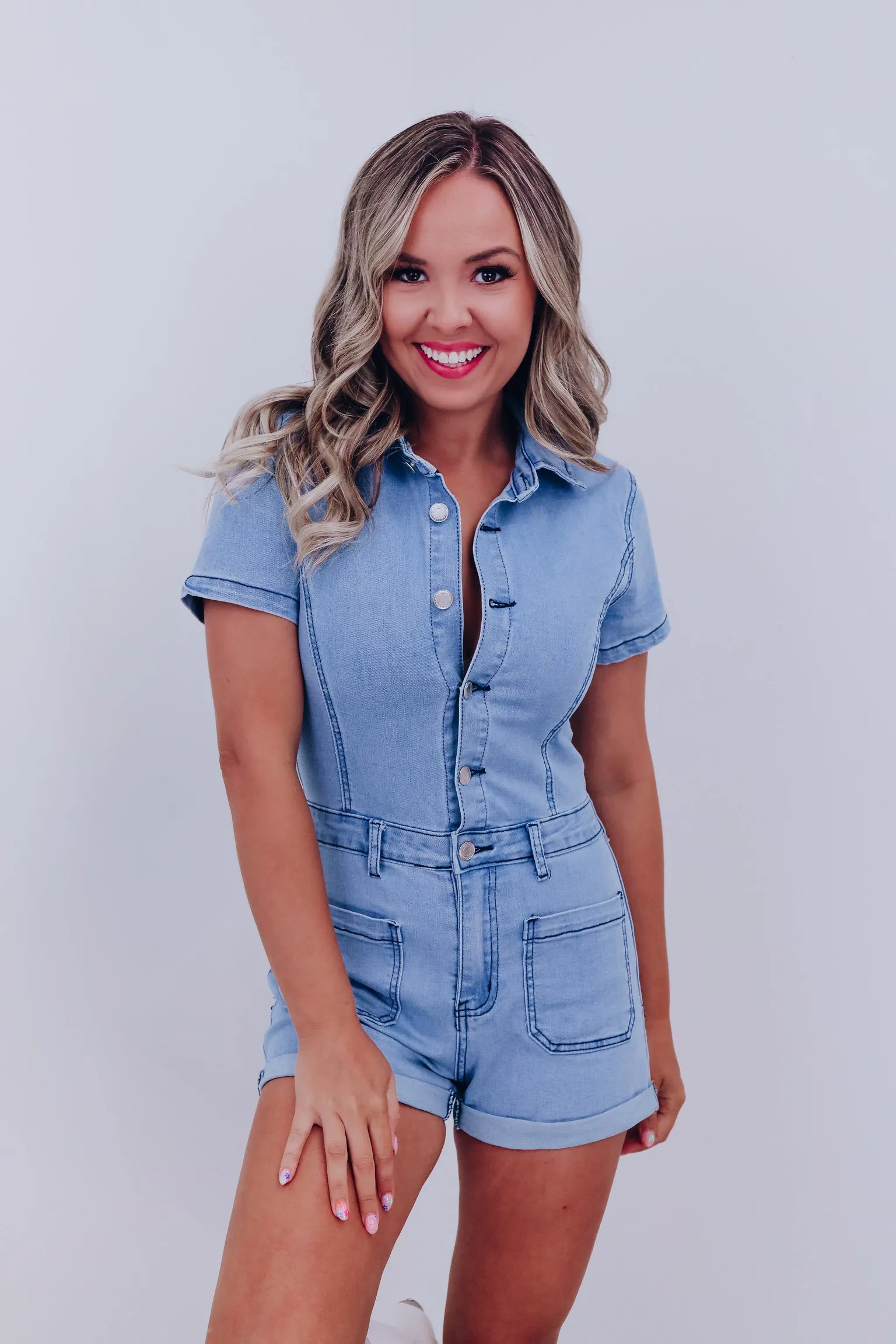 Outlaw Cuffed Denim Romper - Light Denim