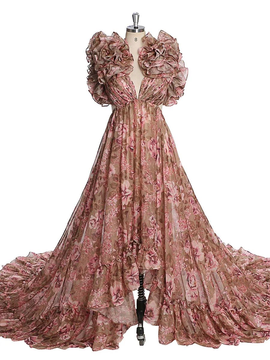 Print Floral Chiffon Woman Maxi Dress Photo Shoot Dress with Long Train YW231023