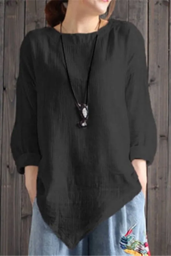 Solid Color Round Neck Blouse