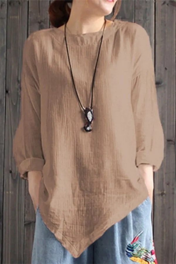 Solid Color Round Neck Blouse