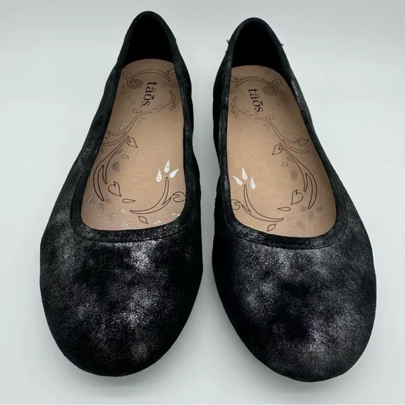 taos Rascal Black Silver Metallic Leather Ballet Flats Size 9